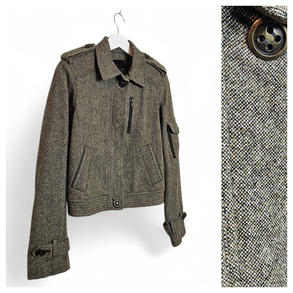 Via Wool Blend Cropped Military Jacket Small Herringbone Tweed Brown Gray